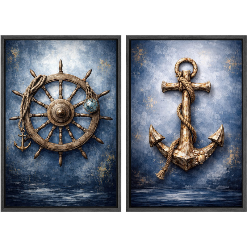 Art nautique de roue de bateau et ancre, photos de salon côtier, impression sur toile encadrée, 2 pièces, Cadre noir