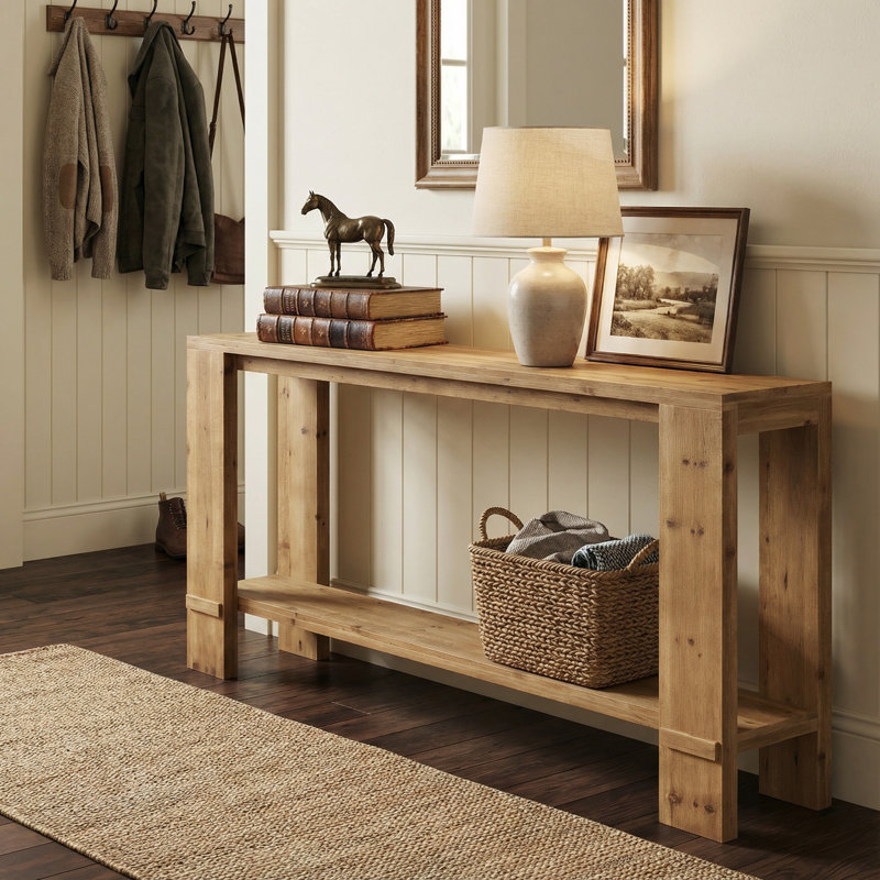 Console en bois massif 70,87 po, canapé de style campagnard étroit avec double rangement pour l'entrée, le couloir et le salon, brun chêne clair