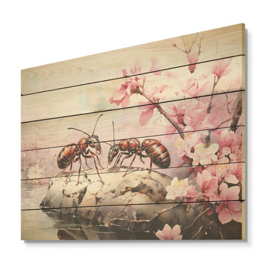 Pastor Gatherers, fourmis rouges, fleurs roses - fourmis, art mural sur bois de pin naturel