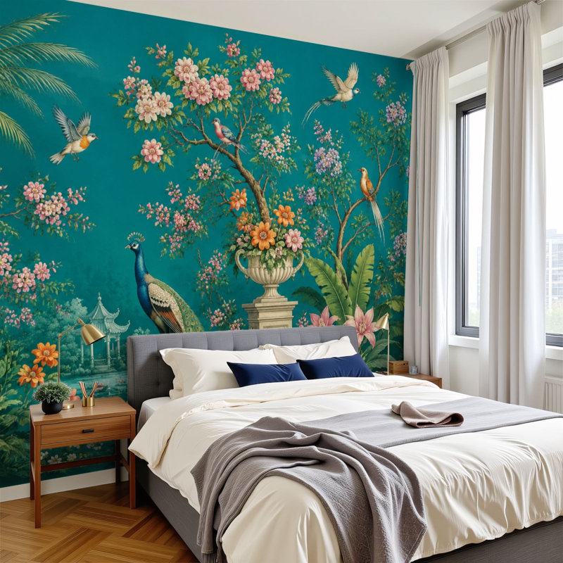 Papier peint adhésif pelez et collez, jardin tropical, fleurs, oiseaux exotiques, sarcelle, murales, H 100 po x l 144 po, papier peint amovible en PVC, adhésif mural pour chambre à coucher, bureau à domicile