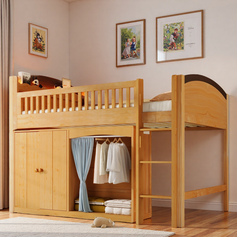 Lit mezzanine avec armoire de rangement, garde-robe et DEL, Bois