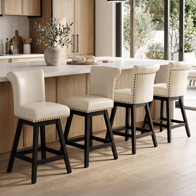 Ensemble de tabourets de bar pivotants de 2 chaises de pub modernes de 26 po à hauteur de comptoir rembourrées avec pieds en bois massif et dossier haut pour îlot de cuisine, blanc