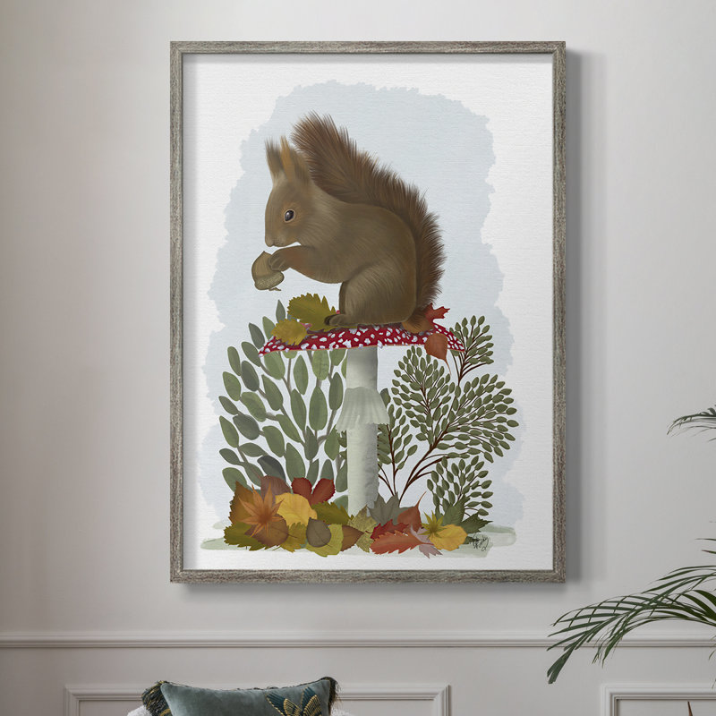 Red Squirrel On Mushroom Framed Print - Solid Wood, 11" H x 9" W