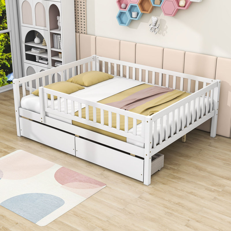 Lit en bois avec deux tiroirs, Double, Blanc