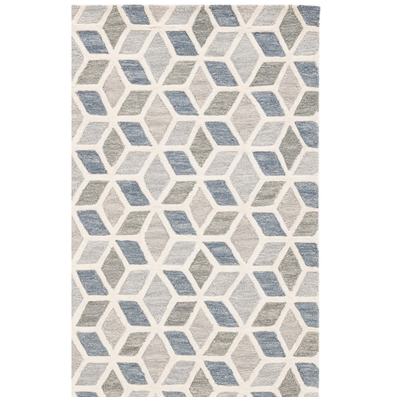 Ebony Hand Tufted Wool/Cotton Geometric Rug in Ivory/Grey, Rectangle 5' x 8'