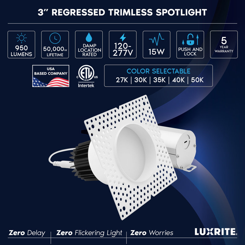 Projecteur à DEL 3 pouces sans cadre LUXRITE, avec fonction de verrouillage et de verrouillage, sélectionnable 5CCT, 15 W, 950LM, CRI90, double gradation, 120 à 277 V, homologué ETL, homologué pour l'humidité