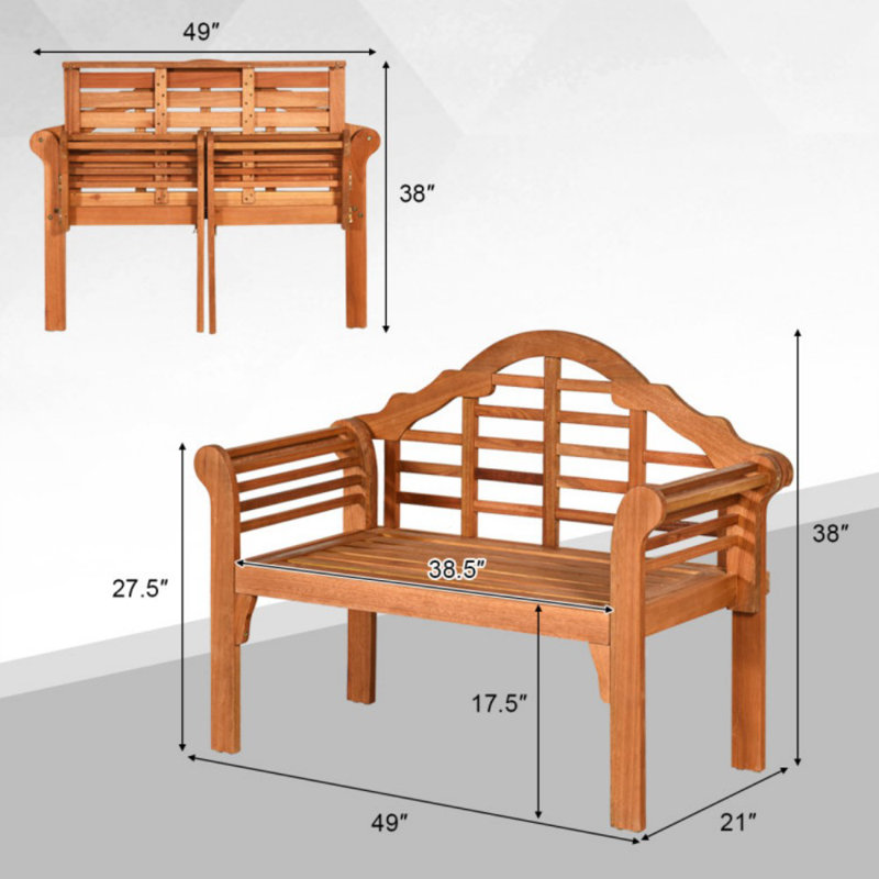 49" Eucalyptus Wood Outdoor Folding Bench with Backrest and Armrest