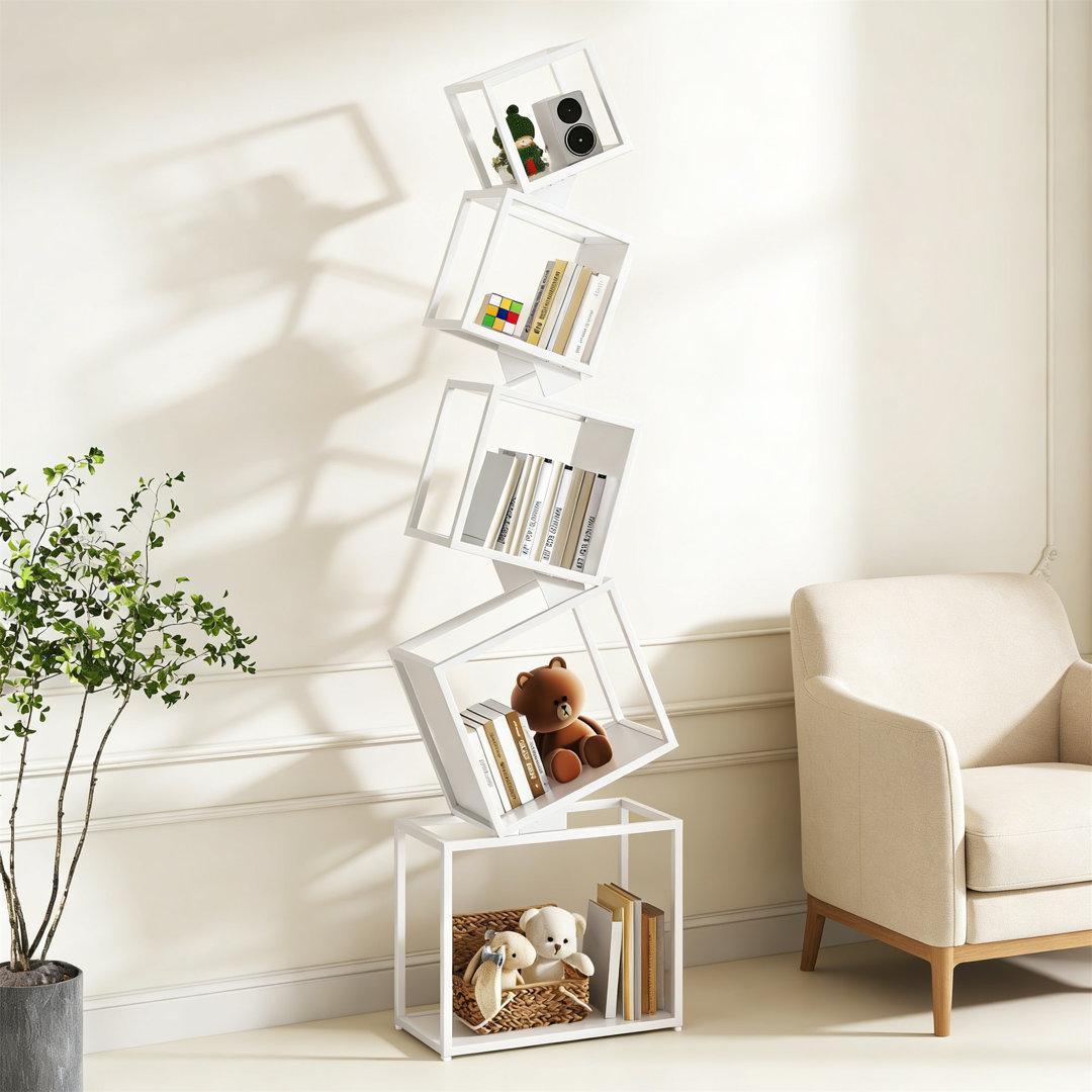 Tree Bookshelf 5-Cube Metal Bookcase, Narrow L-Shaped Corner Bookshelf, Modern Geometric Space-Saving Floor Standing Storage Display Cabinet For Livin