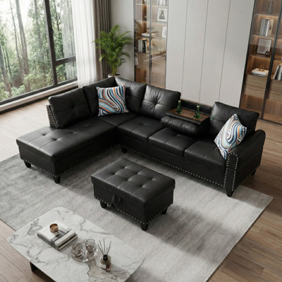 Black Faux Leather Sectional With Storage Ottoman