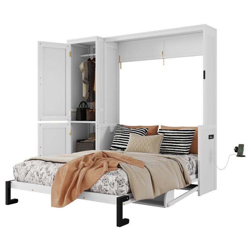 Lit escamotable en bois peu encombrant avec station de charge, blanc moderne
