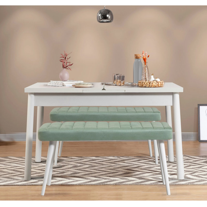 Ensemble de table de salle à manger et de banc extensible D d'effort (3 pièces), Blanc/vert