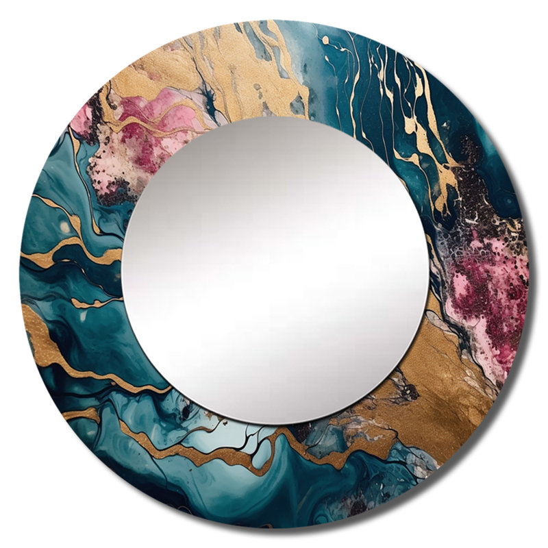 Oxable Exploring The Depths Of Pink Gold Geode II - Marble Unique Wall Mirror, Pink  Mirror, Printed Metal Art, 23" x 23"