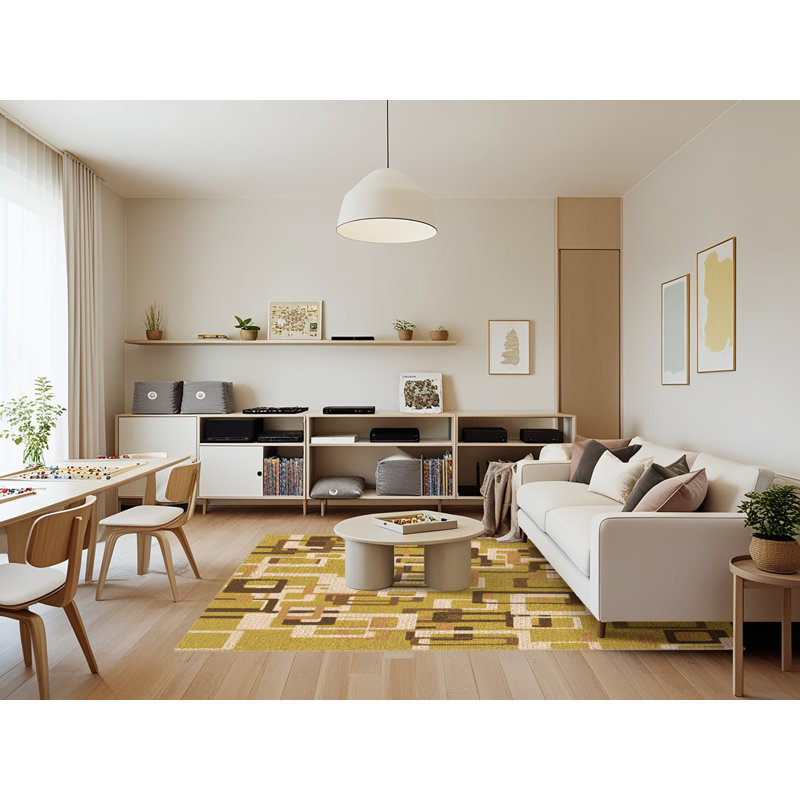 Tapis géométrique en laine jaune / brun, Rectangle 7 pi x 9 pi