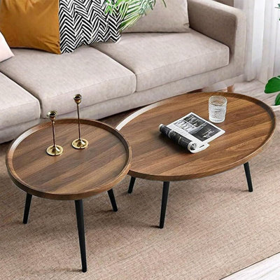 Mid Century Modern Coffee Table Nesting Coffee Table Set Of 2 Oval + Round Side Table Set For Living Room Bedroom Small Space
