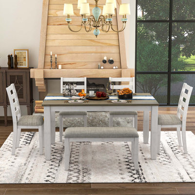 Rustic Style 6-Piece Dining Room Table Set With 4 Upholstered Chairs & A Bench