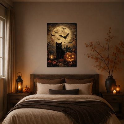GUTTATY, art mural sur toile d'Halloween rustique, gothique, chat noir, citrouille chauve-souris, maison hantée, œuvre d'art rétro effrayante, impression facile à accrocher pour chambre à coucher, salon, salle de bain, entrée