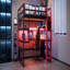 Lit mezzanine double en bois avec bureau, support de rangement latéral, tablettes multiples et lumière RVB, rouge-407936272-407936274