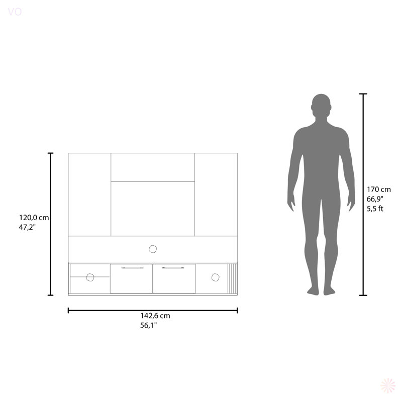 56" Wide Floating Entertainment Center With Two Cabinets , Four Shelves, Cable Management