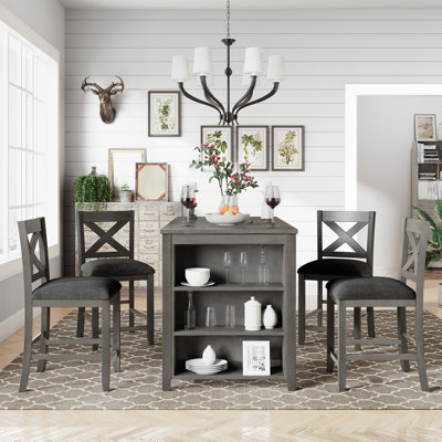 5-Piece Rustic Farmhouse Counter Height Dining Table Set with 4 Padded Chairs, Gray