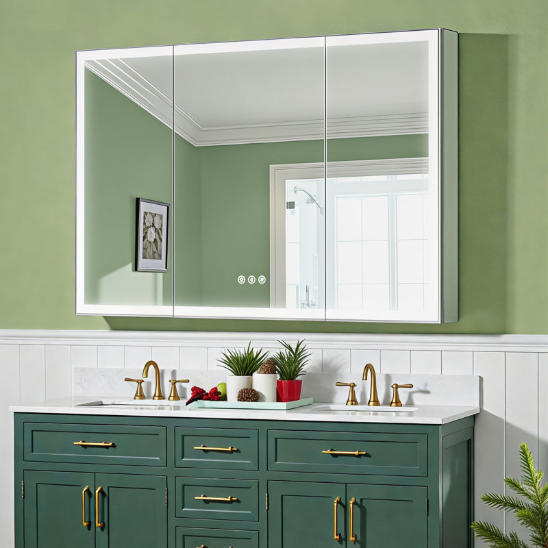 Tempered-Mirror Medicine Cabinet with Lights, Modern Edge-Lit Strip, Plug-in/Hardwired, Anti-Fog/3 Colors/Dimmable, Outlets&USBs, ETL Listed, Surface Mount/Recessed