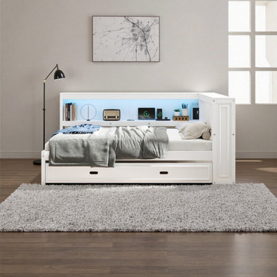 Full-Size Storage Daybed with LED Lights & Trundle, White | USB Charging Station | Modern Wood Design | GX004003AAK