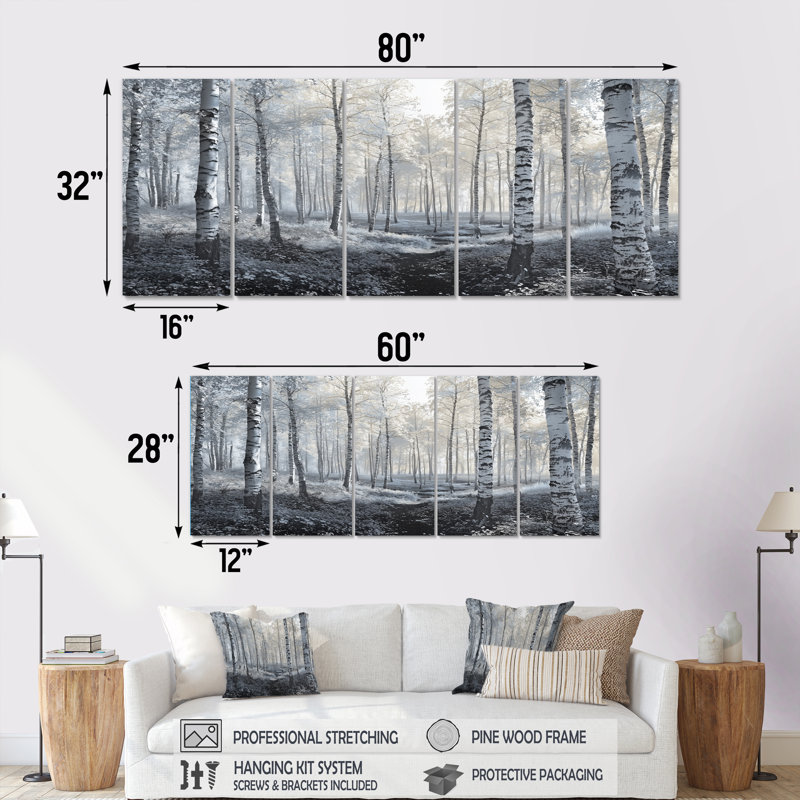Ensemble de salon art mural paysage de bouleaux blancs en forêt d'hiver, H 32 po x l 80 po