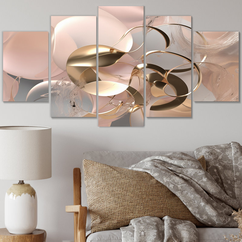 Liquide or et rose effervescence - art abstrait mural salon - 5 panneaux