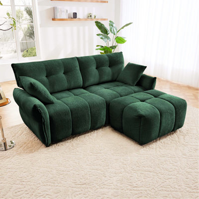 Canapé moderne à 2 places en tissu chenille avec repose-pieds - Design minimaliste avec tissu texturé - Idéal pour le salon, un appartement ou un dortoir - Vert