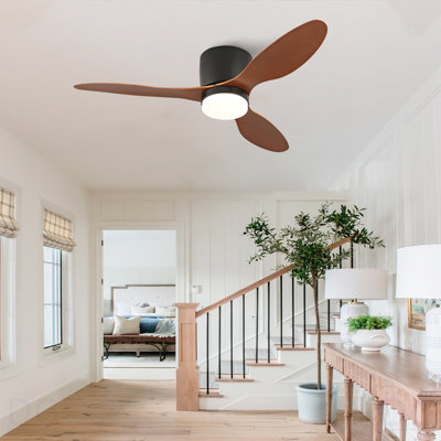 42 Inch Ceiling Fans With Lights, Flush Mount Low Profile, 3 ABS Blades Ceiling Fan With Light And Remote, 6-Speed, Reversible DC Motor, Noiseless, For Bedroom, Indoor/Outdoor, Black+Walnut