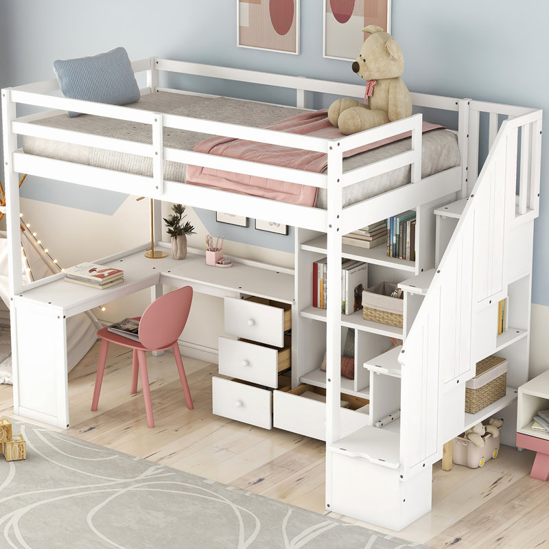 Lit mezzanine blanc simple avec bureau en L, tiroirs, armoire et escalier de rangement - option de chambre à coucher stable