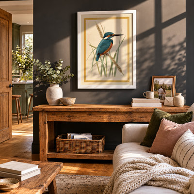 Kingfisher Among Reeds Botanical - Framed Print