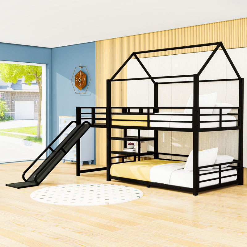 Lit superposé avec escalier de rangement, glissade et rails de sécurité, Double sur double