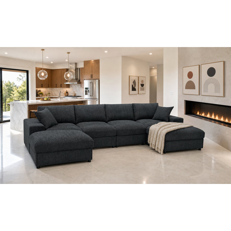 Canapé modulaire réversible avec repose-pieds Anchoretta, Chenille gris-bleu