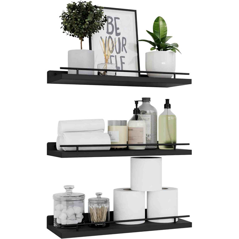 Floating Shelves With Black Metal Guardrail, Shelves For Wall Decor Set Of 3, Wall Shelves For Bedroom, Bathroom, Kitchen, Living Room, Plants, Picture Frames, Art- Black
