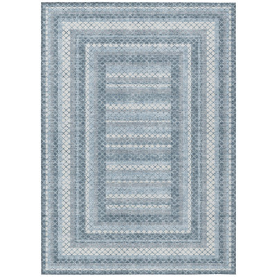 10' X 14' Denim Blue And Ivory Geometric Washable Indoor Outdoor Area Rug
