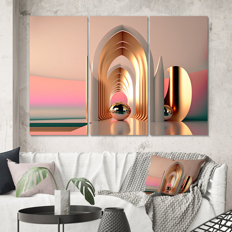 «Futuristic Golden Globe Architecture II», reproduction sur toile 3 pièces, H 20 po x l 36 po x P 1 po, Toile tendue