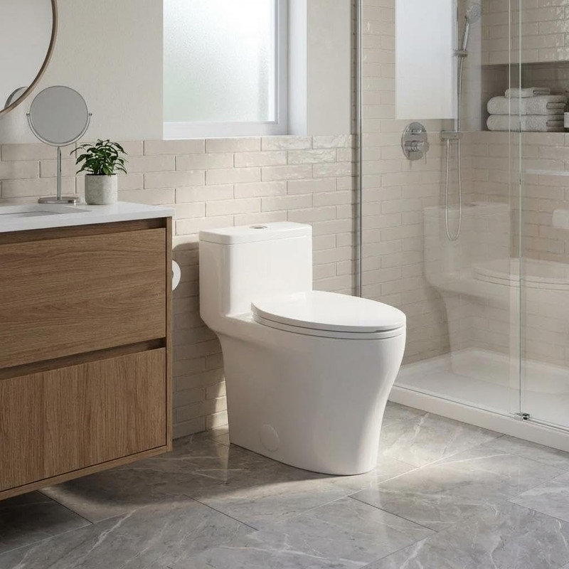 Toilette allongée une pièce, hauteur confort 17,5 po ADA, double chasse 1,0 / 1,28 GPF, blanc pour petite salle de bain, installation brute 12 po
