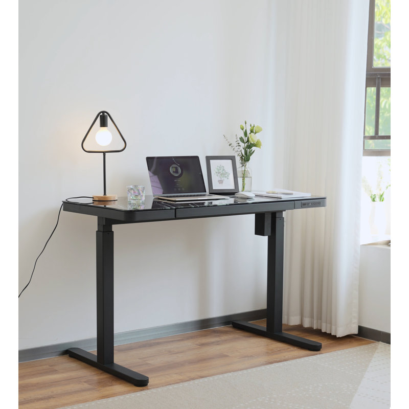 Alouette 120cm W Marble Glass Height Adjustable Standing Desk, Marble Black/Black