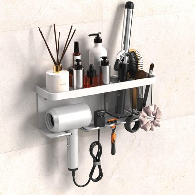 Adhésif mural / perceuse pour sèche-cheveux, organisateur de rangement avec tablette et crochets, support pour salle de bain, support pour séchoir à cheveux