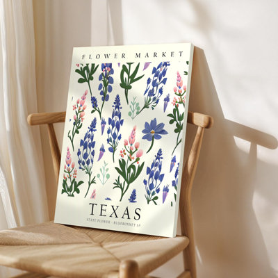 Marché aux fleurs du Texas: fleurs bleues et roses, style botanique. Art mural encadré en toile - Cadre en bois massif de 24 po x 36 po et 1 po d'épaisseur pour le salon ou la chambre à coucher