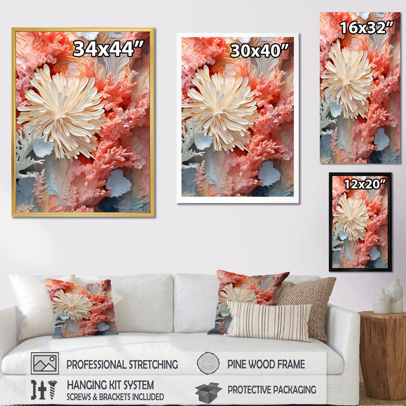 «Pink and White Coastal Coral Collage IV - Coastal Coral Under Water», reproduction sur toile encadrée, Cadre flottant doré