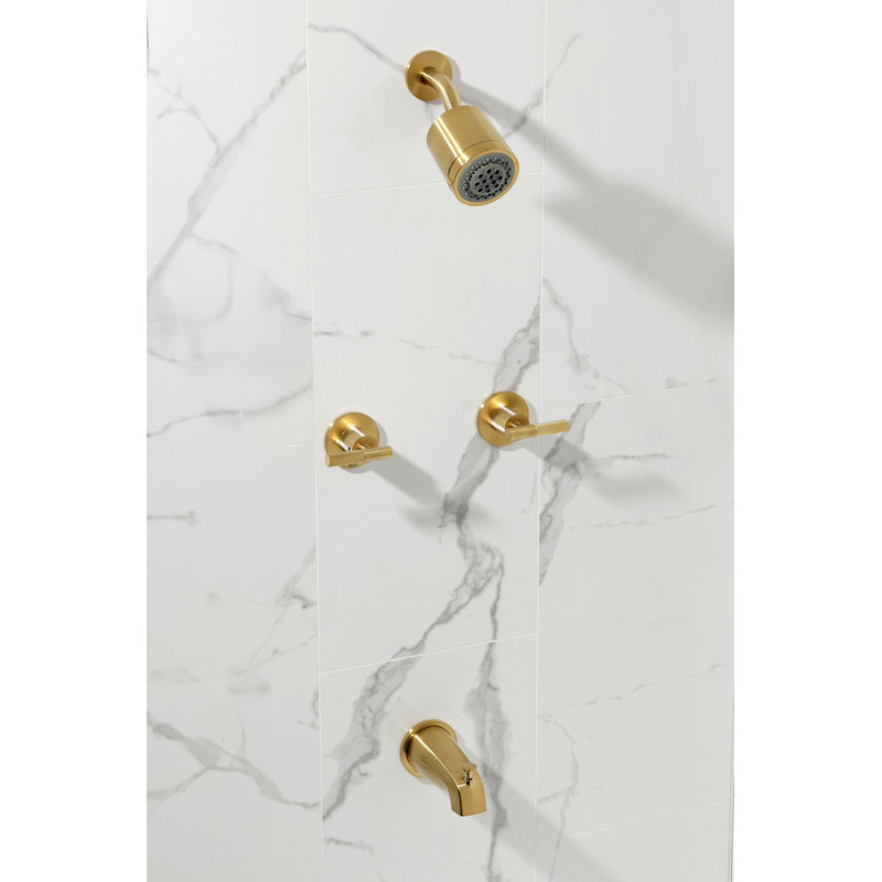 Kingston Brass Convergent Double-Handle Tub and Shower Faucet with Knurled Handle, Brushed Brass