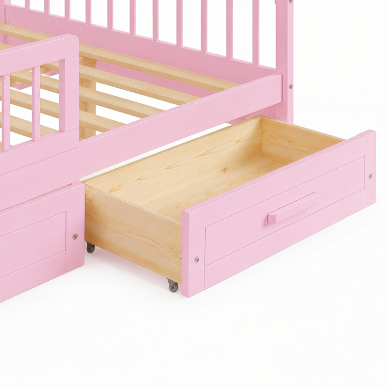 Cadre de lit enfant une place avec 2 tiroirs de rangement, lit plateforme en bois avec barrières de sécurité, design bas, sommier à lattes robuste, aucun sommier à tapissier nécessaire