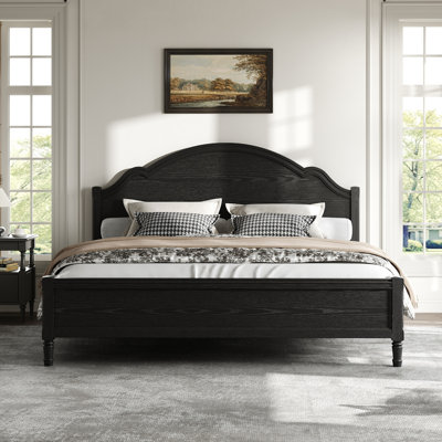 King Size Solid Wood Platform Bed Frame with Arch Headboard and Footboard, Wood Slat Support, No Box Spring Needed, Black