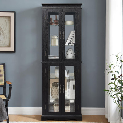 Vitrine lumineuse en verre avec cadre en bois - Rangement en verre élégant pour le vin, les jouets et les objets de collection - Parfait pour le salon, la cuisine et le garde-manger - Ampoule incluse, noir