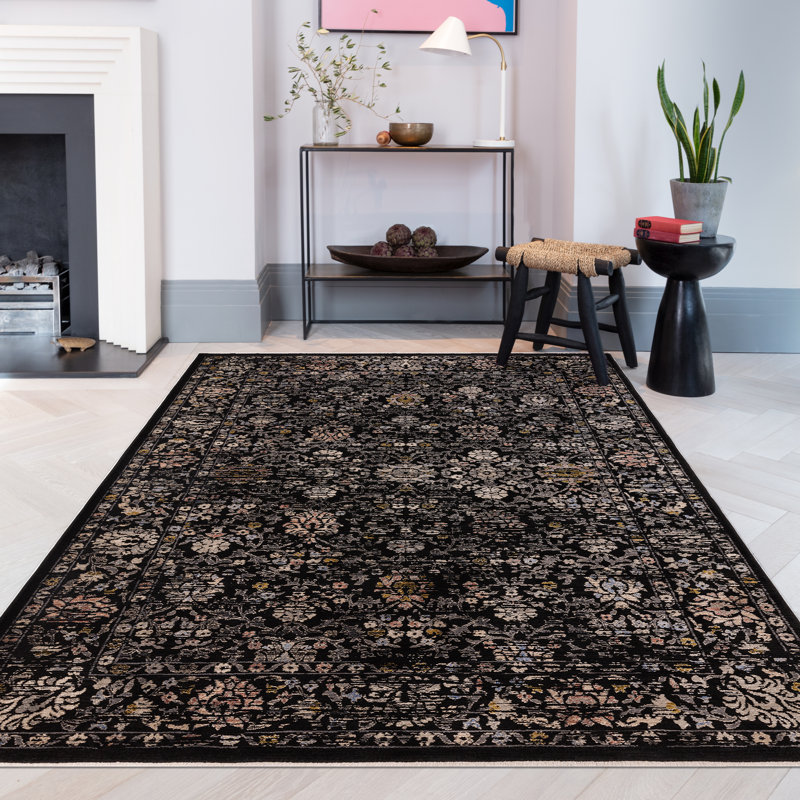 Persian Machine Woven Floral Black Area Rug, Rectangle 200 x 290cm