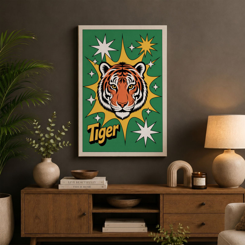 Tiger with Stars Retro - Wrapped Canvas, 24x16 - 61.0 x 40.6 cm, Sage Border