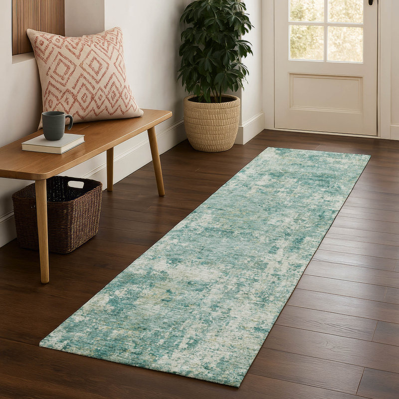 Premium Machine Washable Mayfield AMF2061 Abstract Rug, 2'3" x 7'6" Runner, Teal