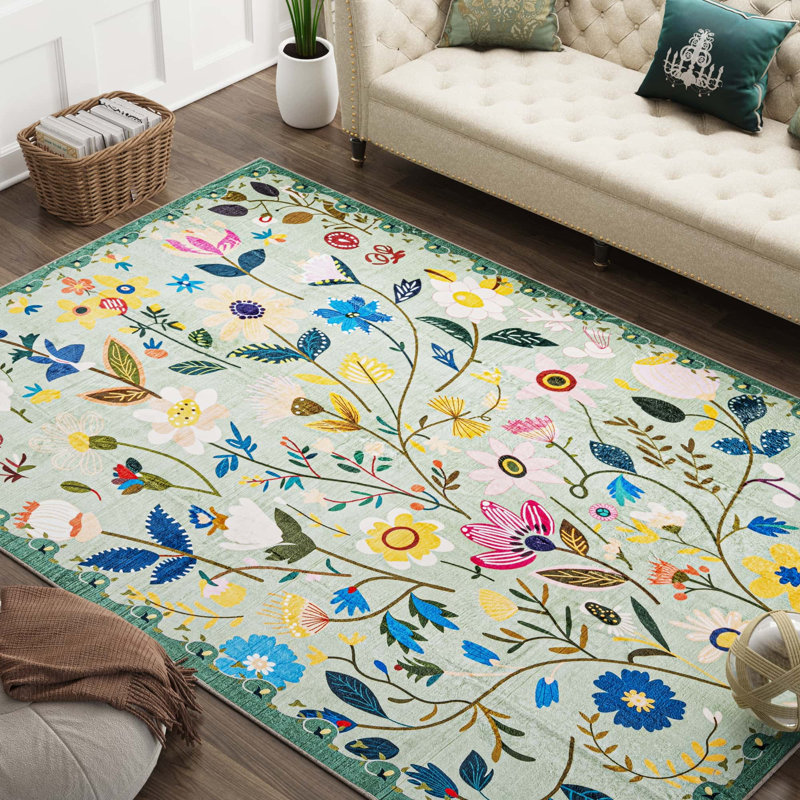 Nature Voja Floral Non-Slip Machine Washable Colorful Christmas Decor Area Rug in Green for Living Room, Bedroom, Hallway, Entryway Rugs