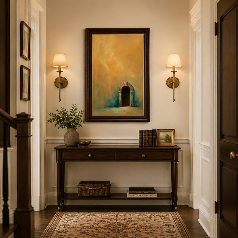 «Brick Archway» sur toile texturée jaune et bleu sarcelle, art mural, 24"H x 16"W